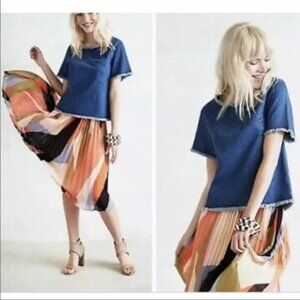 Maeve Anthropologie Frayed Fringe Short Sleeve Jean Denim Top Shirt Blue XS‎